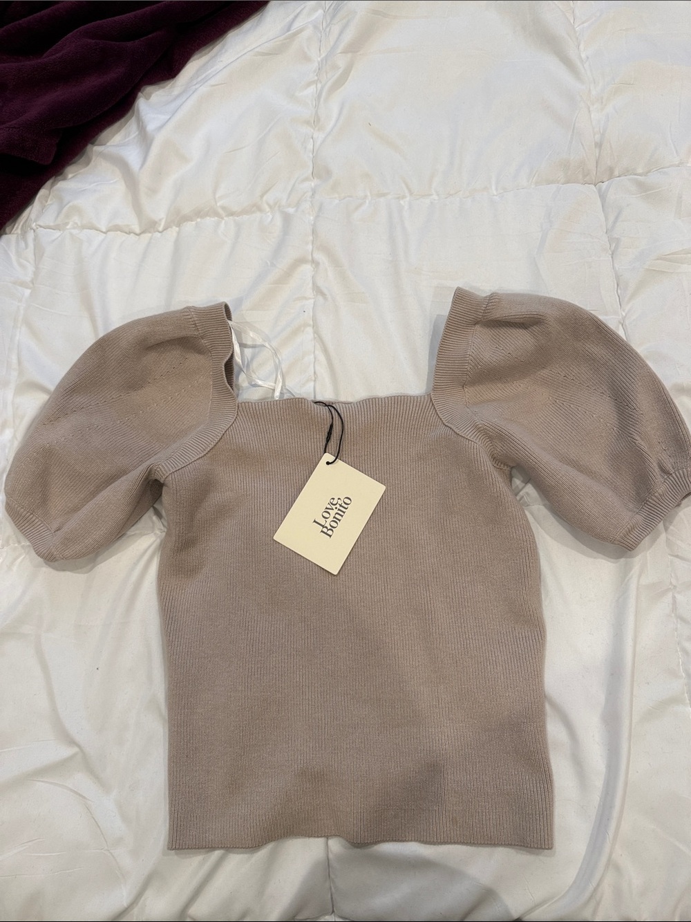 Love Bonito Taupe Puff-Sleeve Square Neck Top